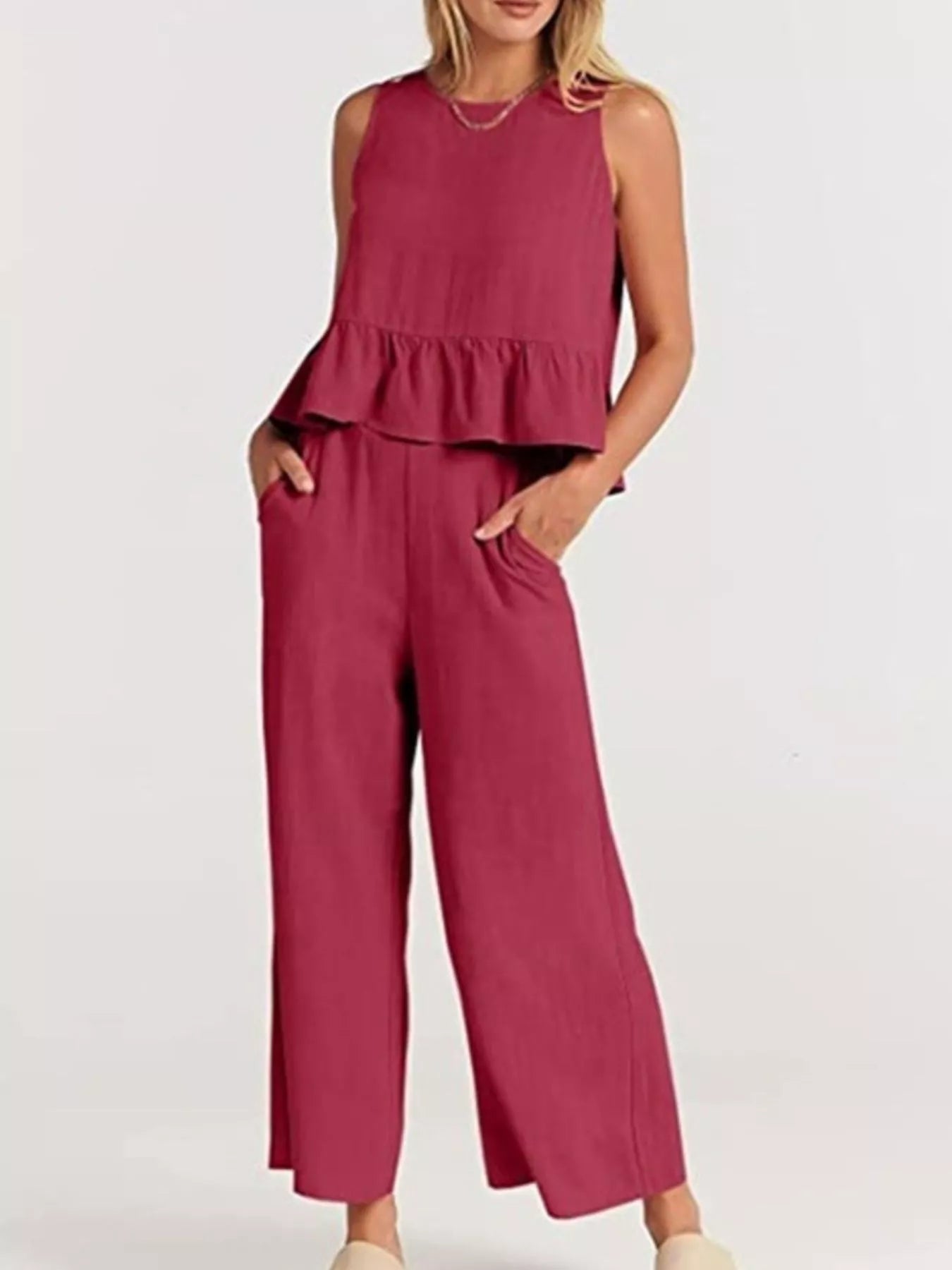 Full Size Ruffled Hem Sleeveless Top and Wide-Leg Pants Set Plus Size