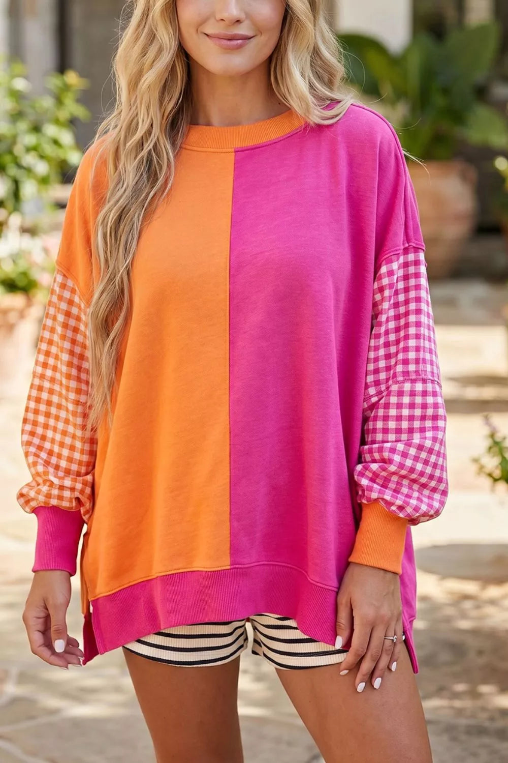 Colorblock Gingham Sleeve Crewneck Sweatshirt