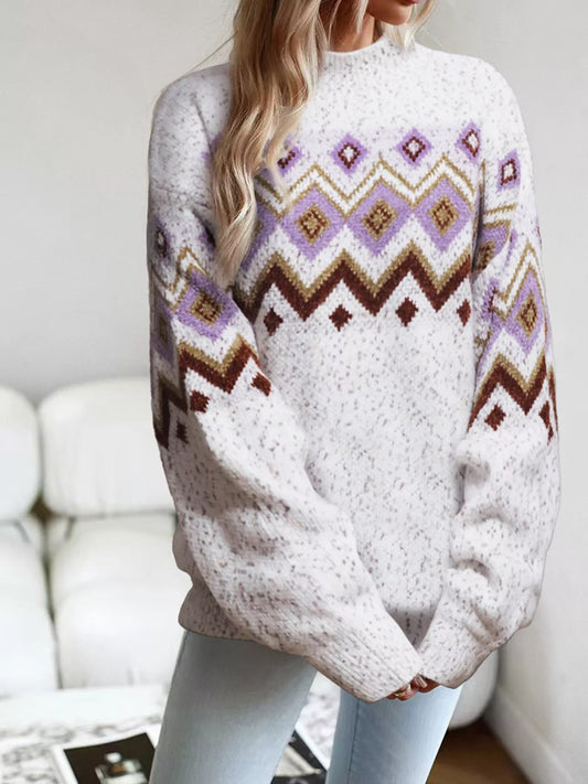Geometric Pattern Mock Neck Sweater