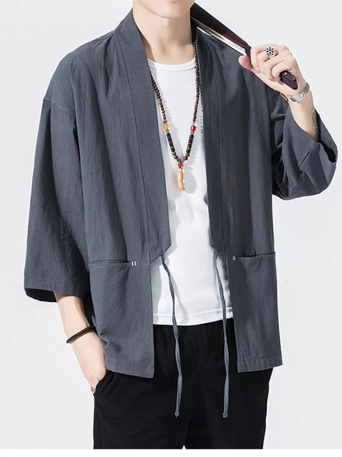 Men's Plus Size Tie Front 3/4 Sleeve Cardigan