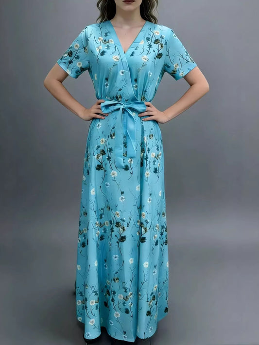 Floral Print Short Sleeve Wrap Maxi Dress