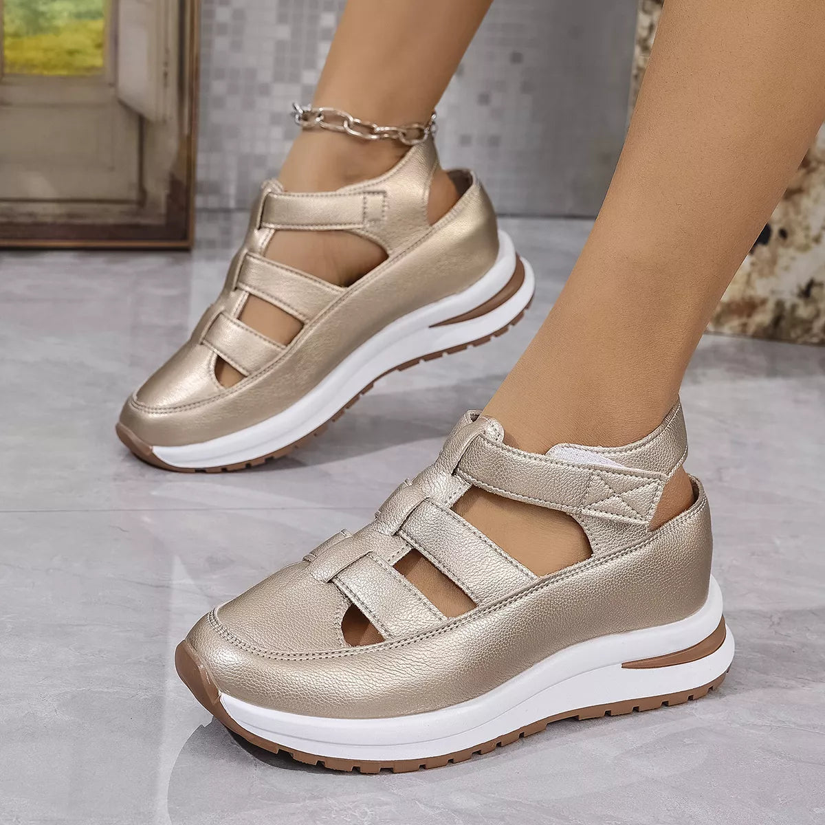 Cutout Wedge Velcro Sandals