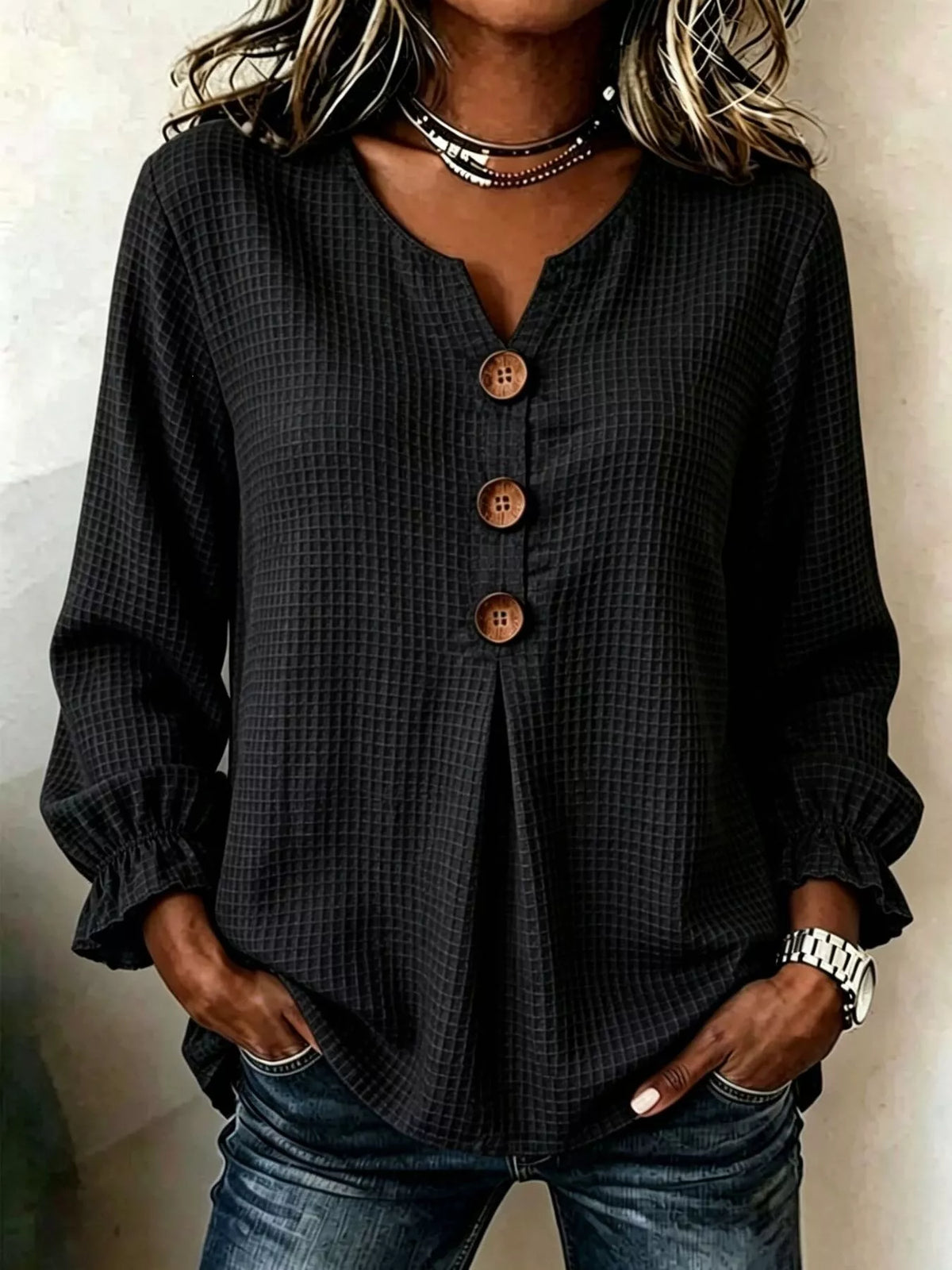 Waffle Knit Flounce Sleeve Top