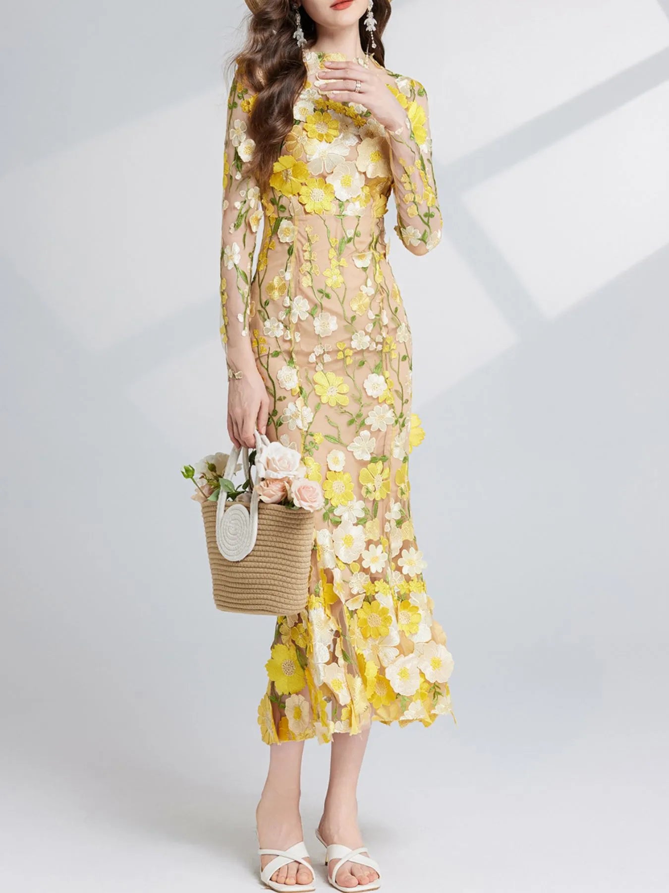 Floral Embroidered Mesh Long Sleeve Midi Dress