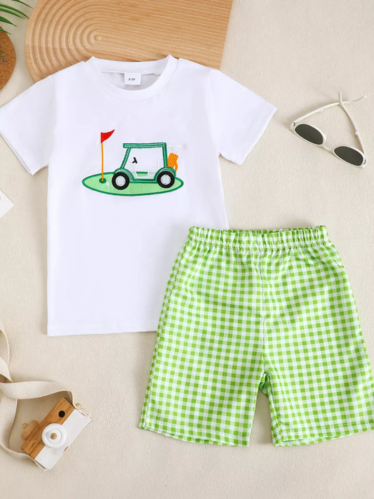 Children's Golf Cart Print T-Shirt and Gingham Shorts Set