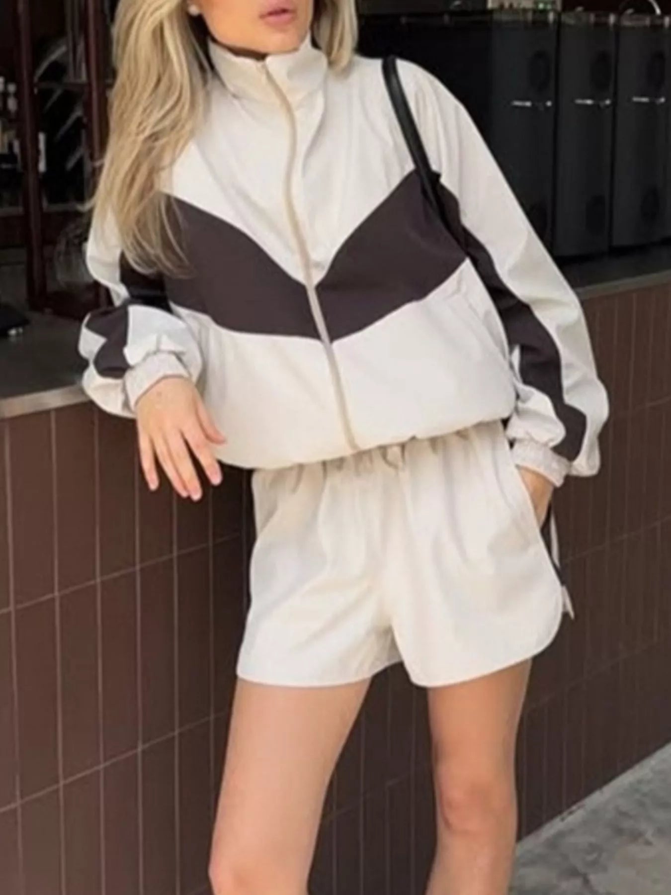 Color Block Zip Up Outerwear and Shorts Set