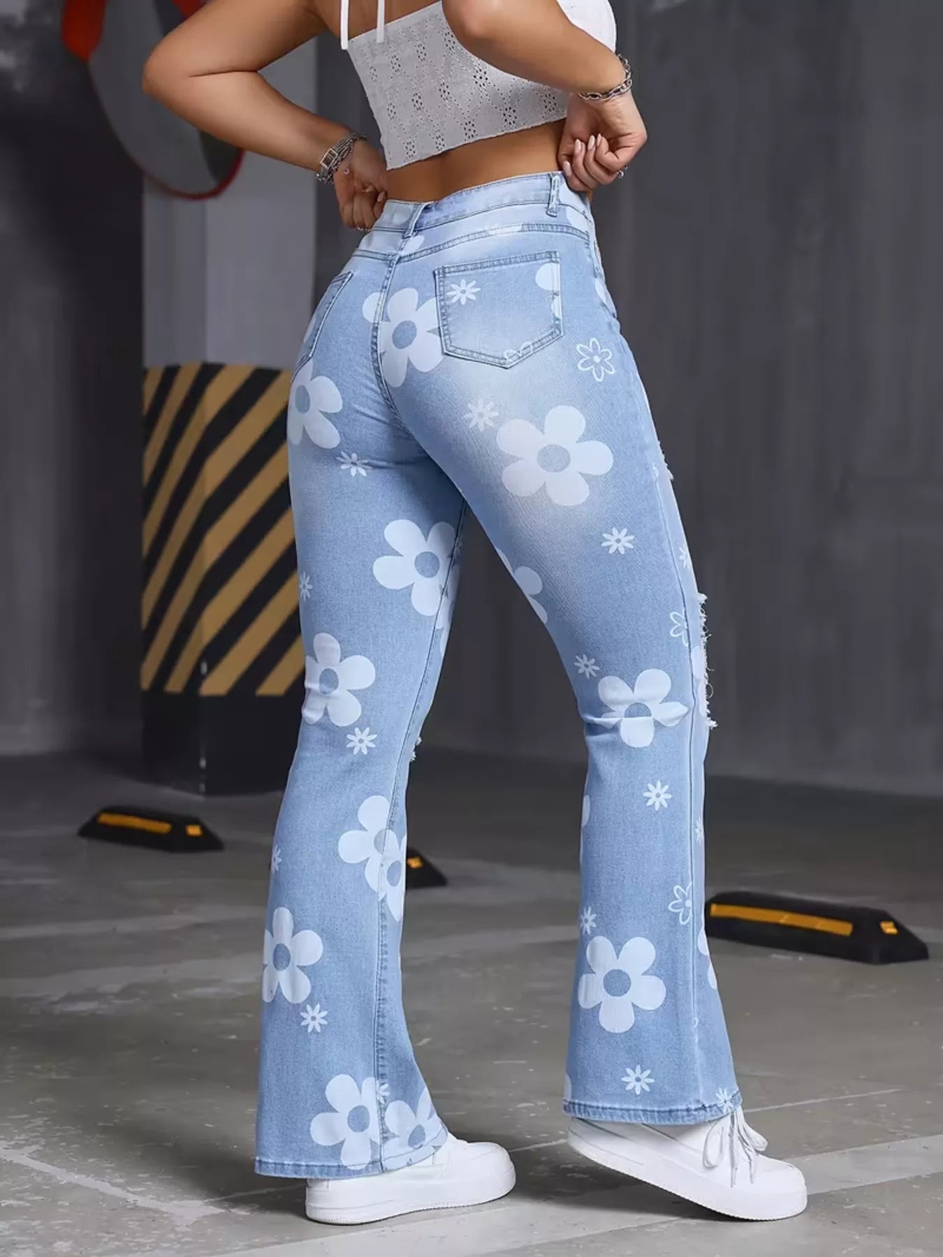 High-Waisted Floral Print Distressed Flare Jeans