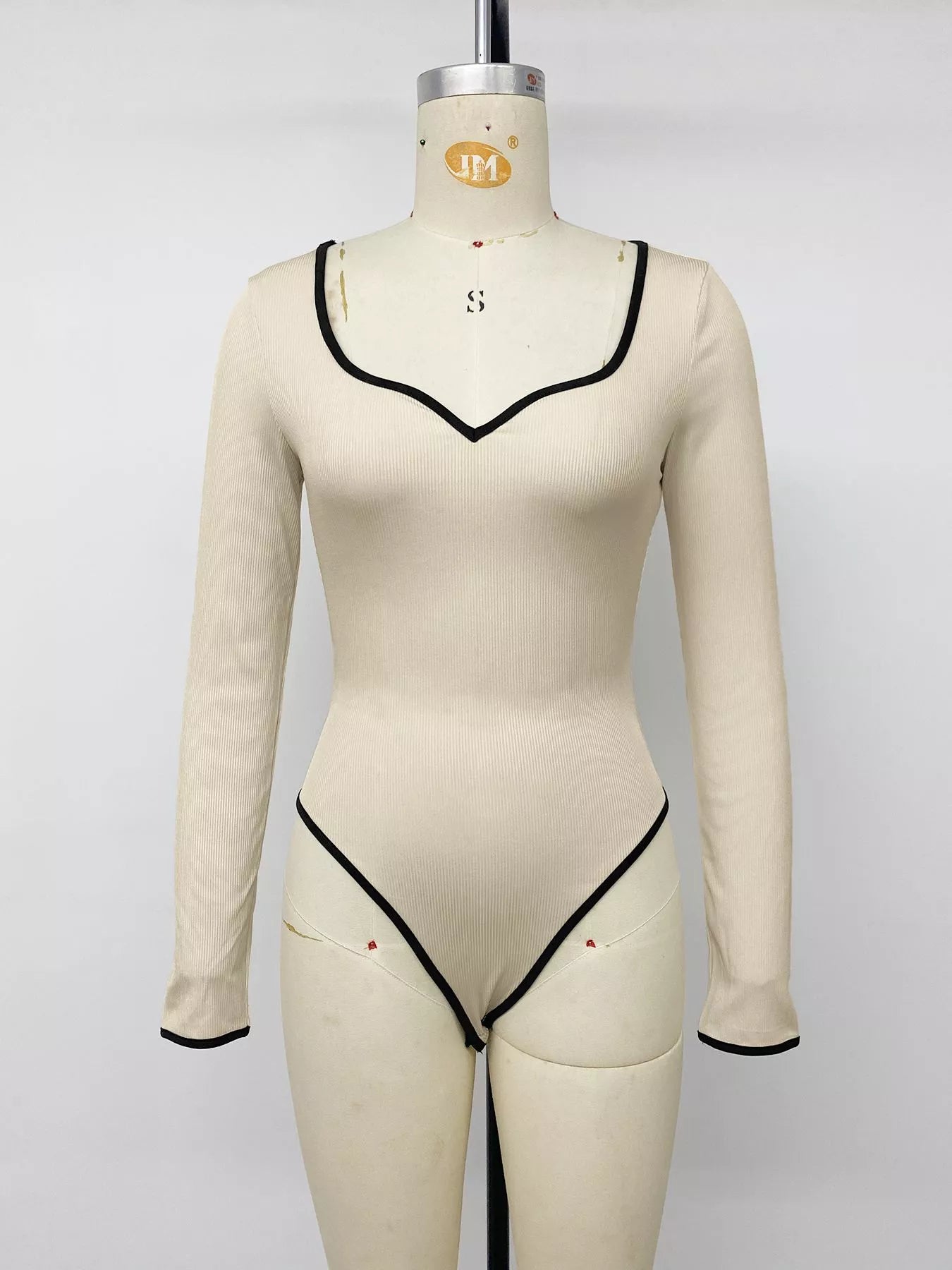 Ribbed Sweetheart Neckline Contrast Trim Long Sleeve Bodysuit