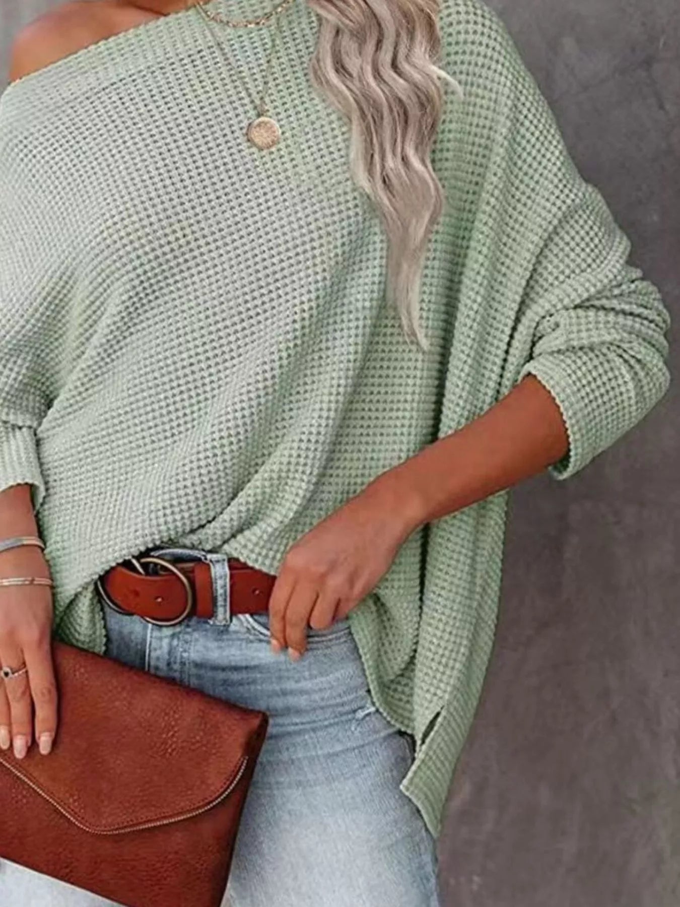 Boat Neck Waffle Knit Top