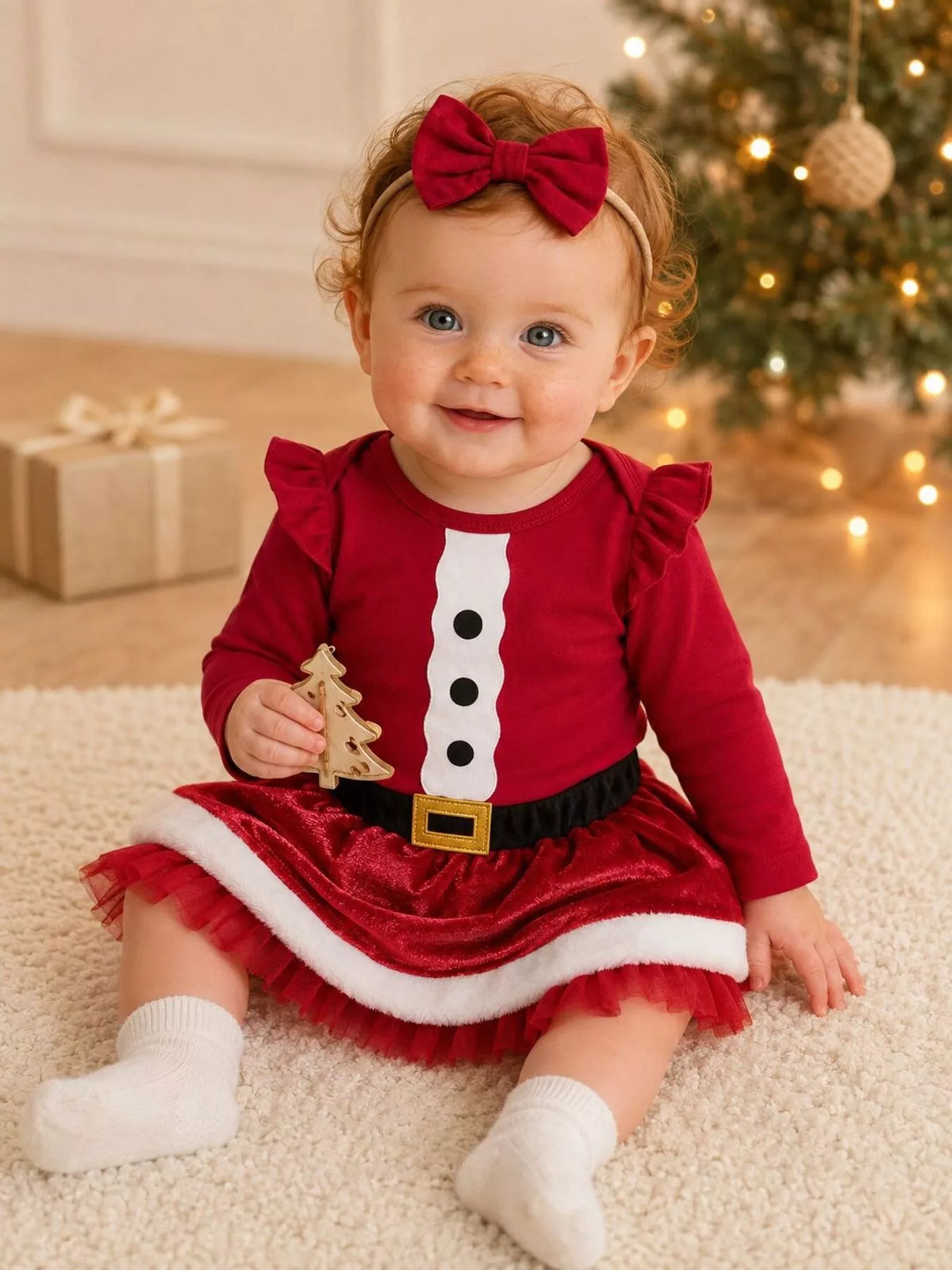 Children's Christmas Long Sleeve Bodysuit and Skirt Set with Bow Headband