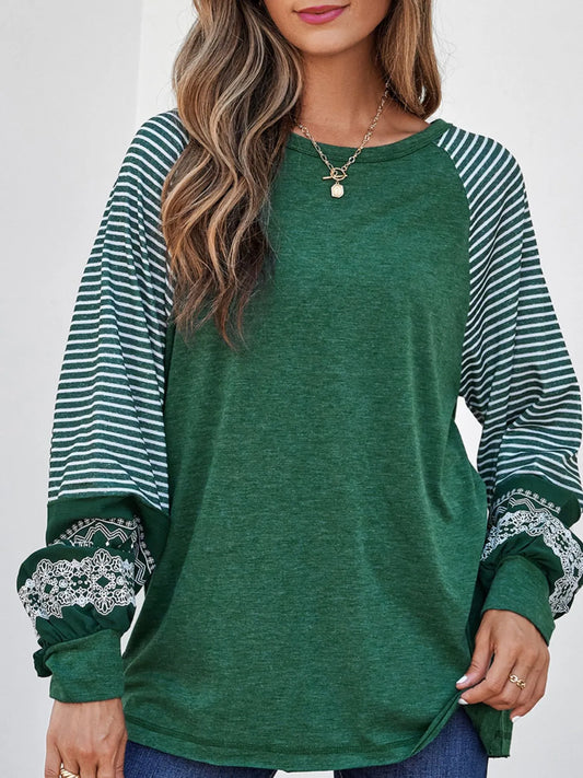 Contrast Print Striped Raglan Long Sleeve Loose Top