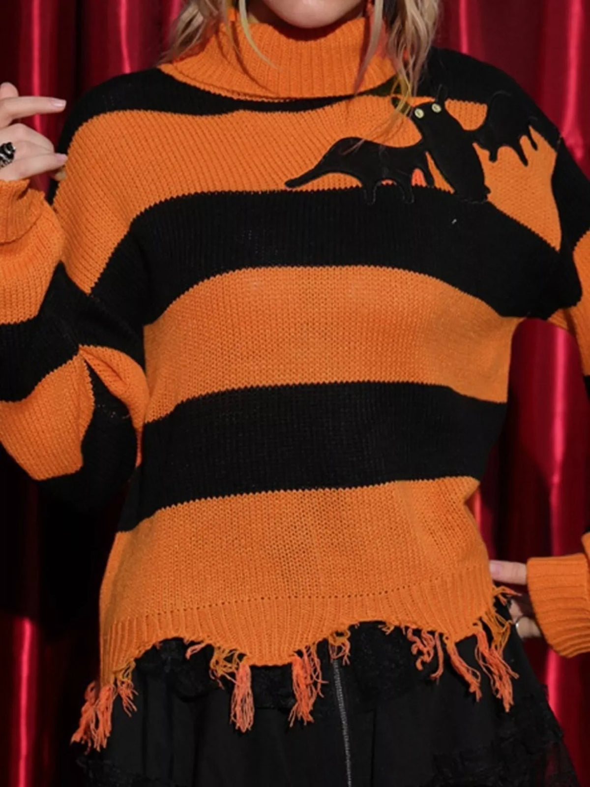 Halloween Bat Graphic Striped Turtleneck Raw Hem Sweater