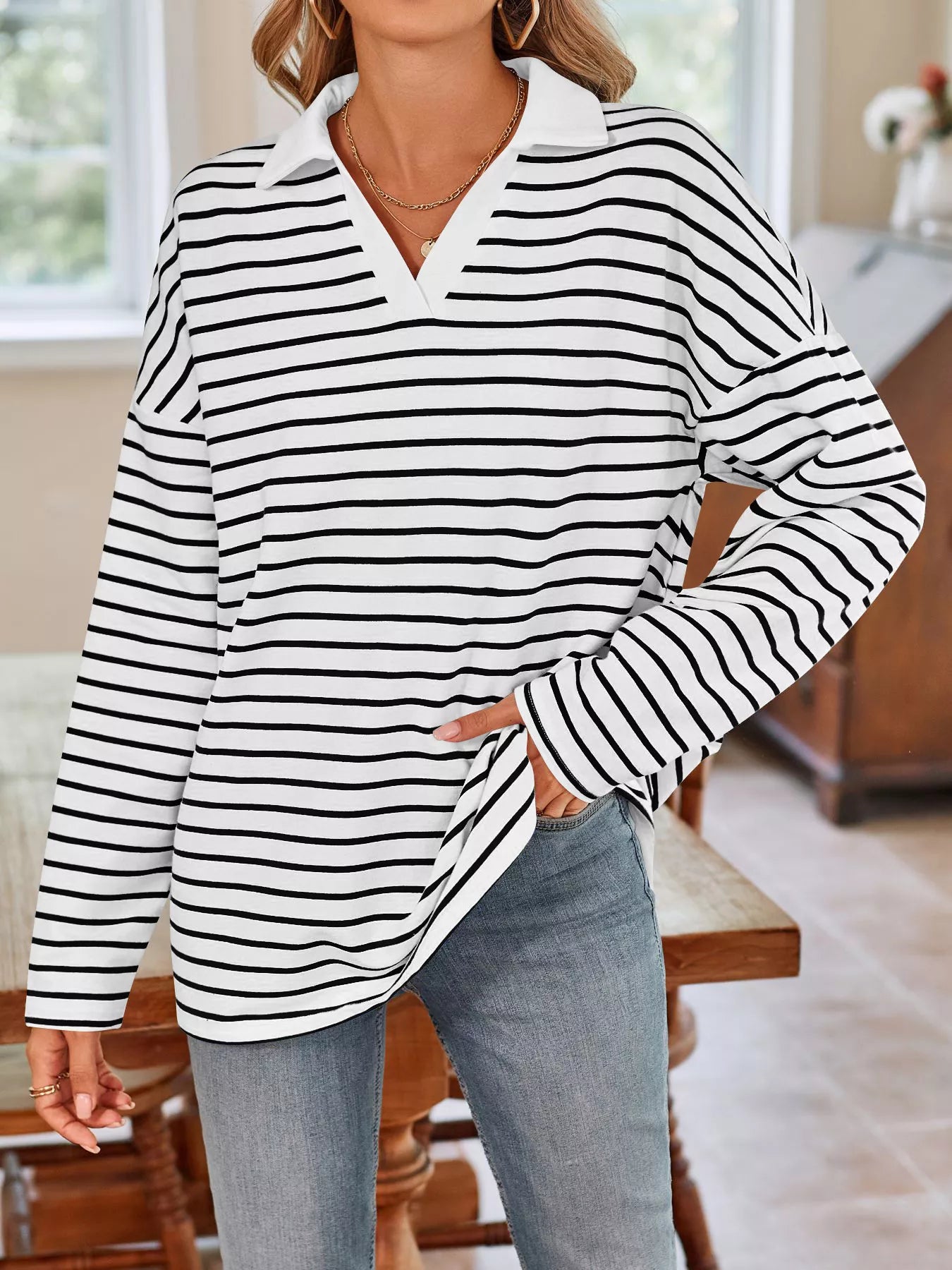 Oversized Striped Johnny Collar T-Shirt