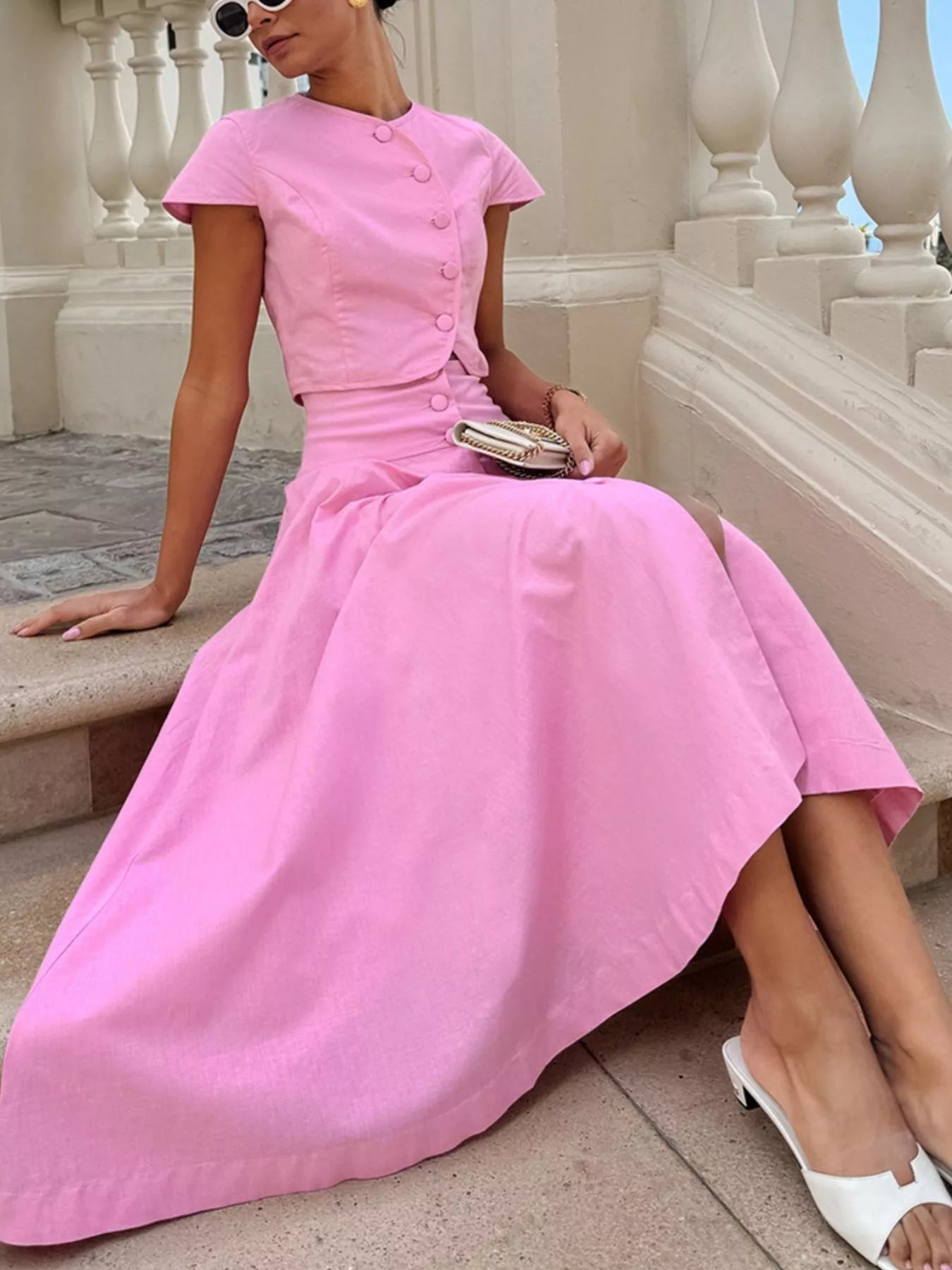 Cap Sleeve Button-Down Crop Top and Midi Skirt Set