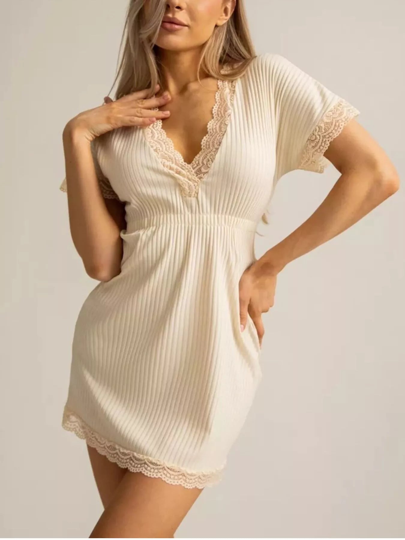 Full Size Ribbed Lace-Trim V-Neck Mini Dress Plus Size