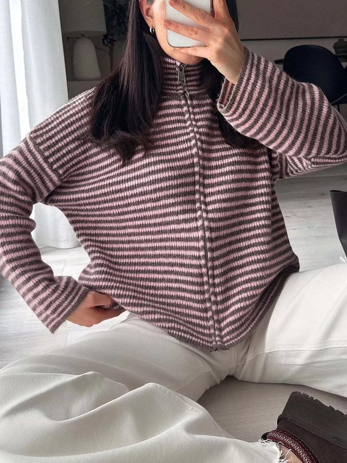 Striped Zip-Up Knit Cardigan