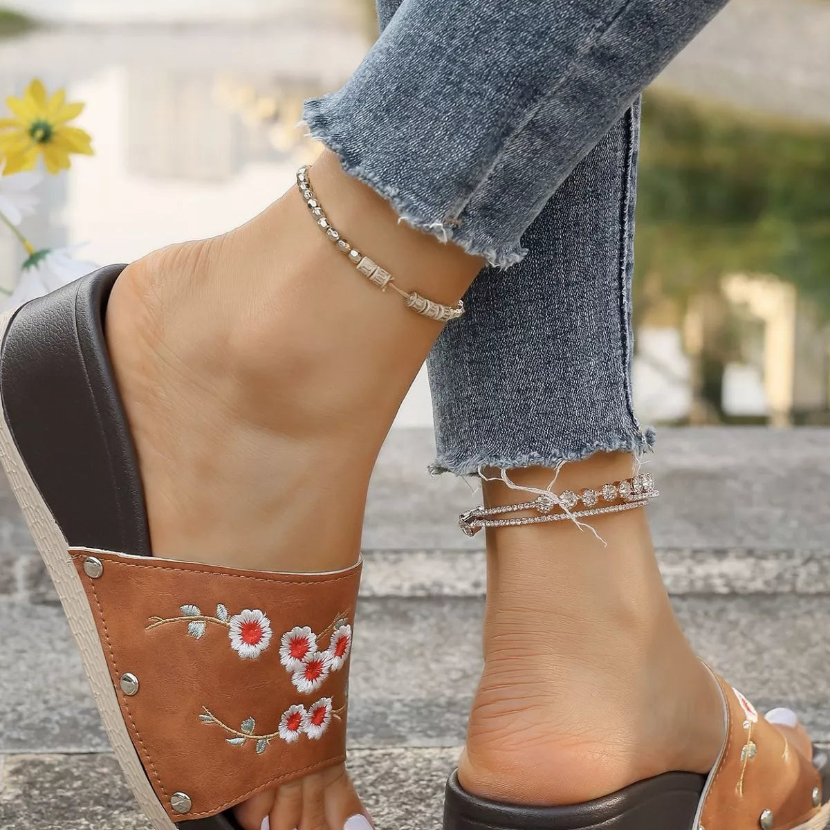 Floral Embroidered Wedge Sandals