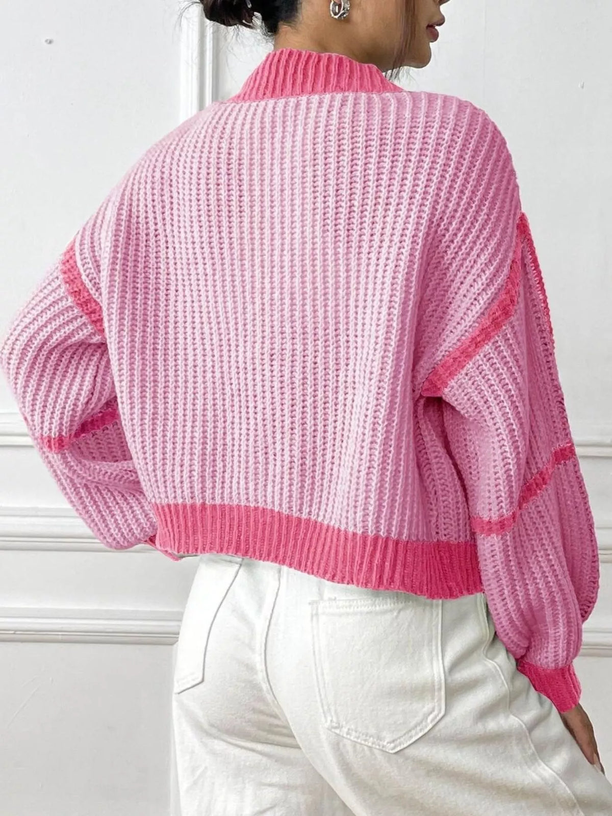Color-Block Ribbed Knit Open-Front Cropped Cardigan