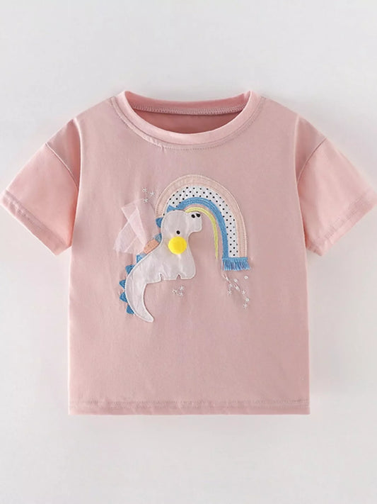 Children's Dinosaur Rainbow Applique Short Sleeve T-Shirt