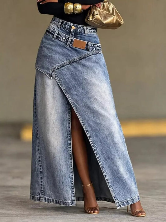 High-Waisted Slit Denim Skirt
