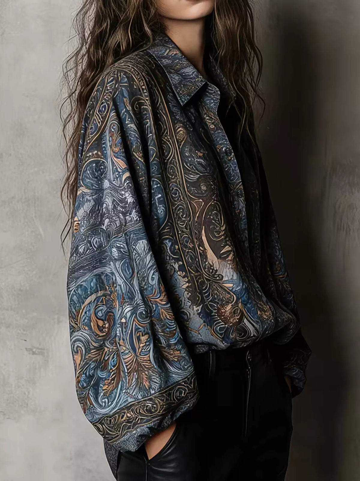 Full Size Vintage Print Long Sleeve Oversized Blouse Plus Size