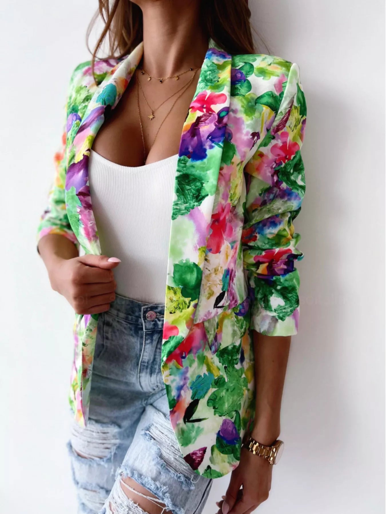 Vibrant Floral Print Open Front Blazer