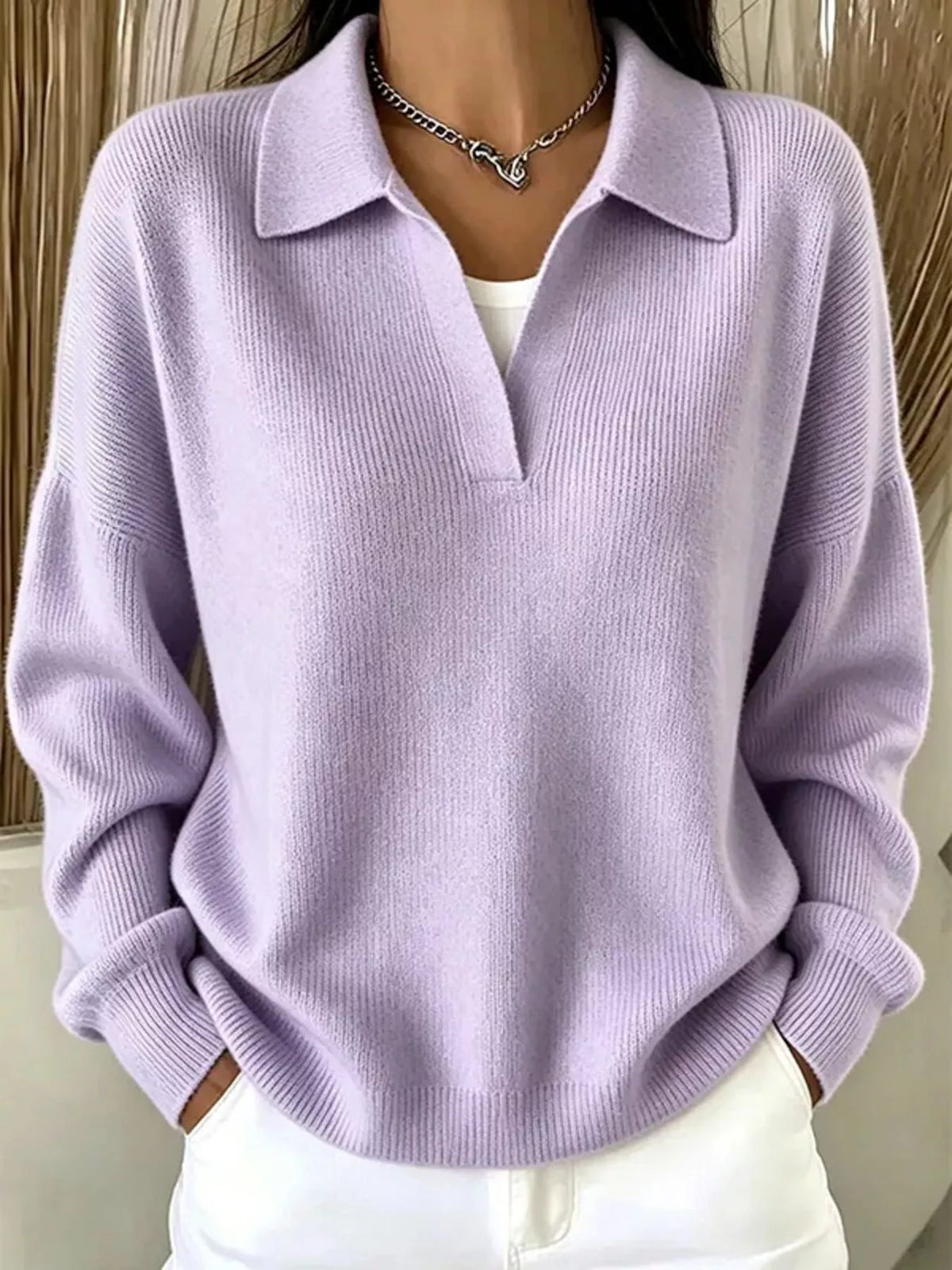 Ribbed Knit Polo Collar Sweater