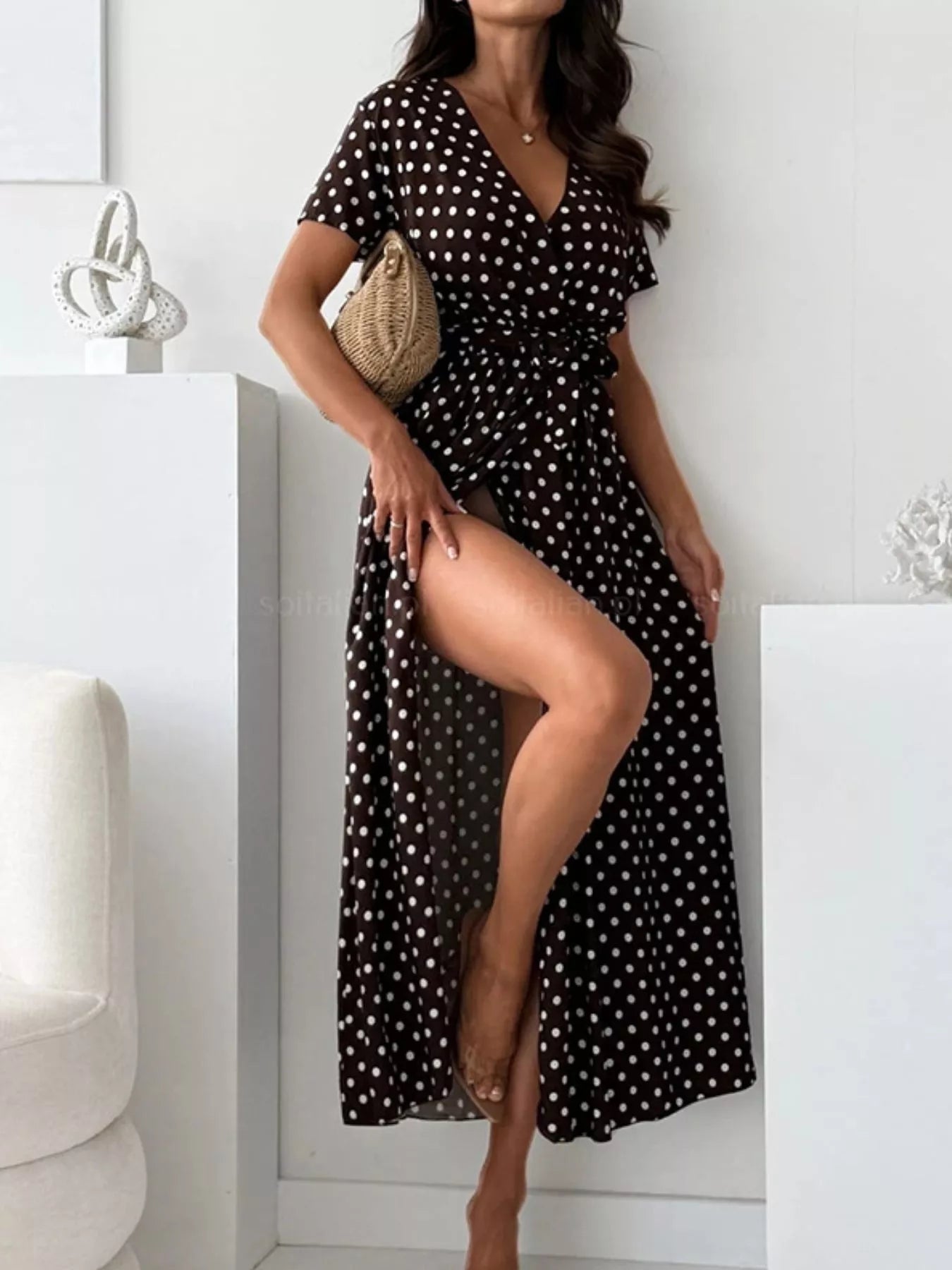 Polka Dot Surplice Maxi Dress with Slit