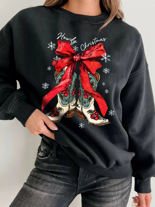 Howdy Christmas Ribbon Bow Knot Western Boots Graphic Sweatshirt