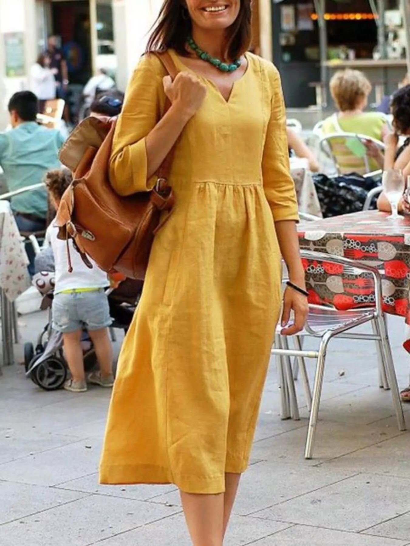 Full Size Notched 3/4 Sleeve Midi Dress Plus Size