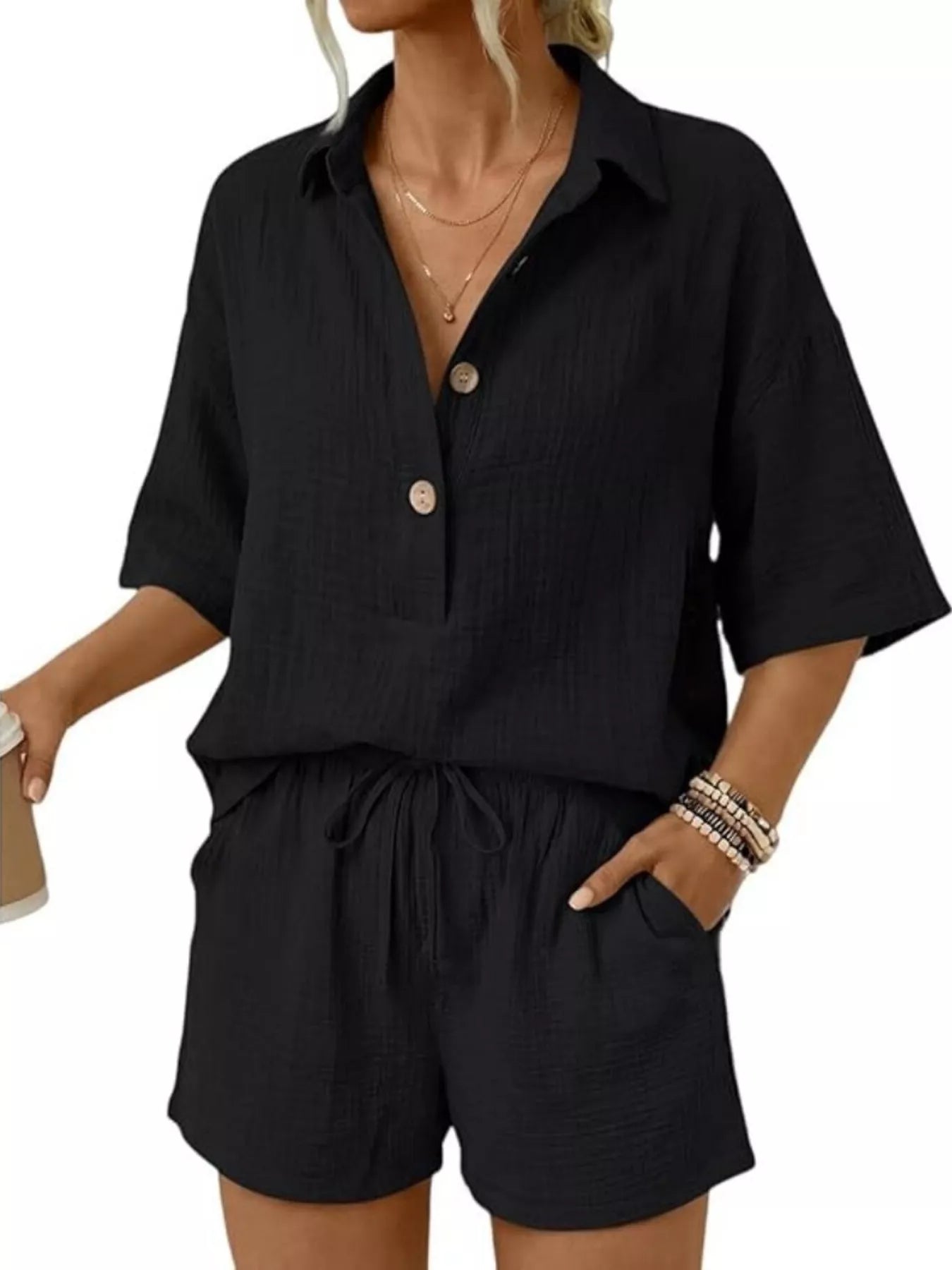 Linen Button Front Short Sleeve Top and Shorts Set