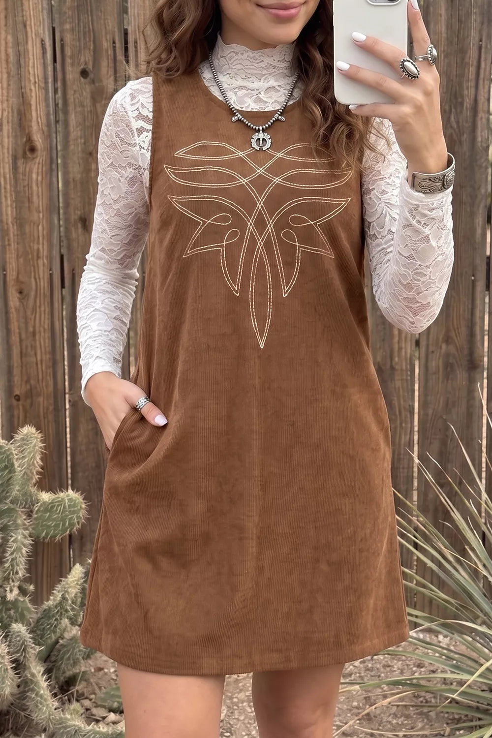 Geometric Embroidery Sleeveless Corduroy Shift Dress