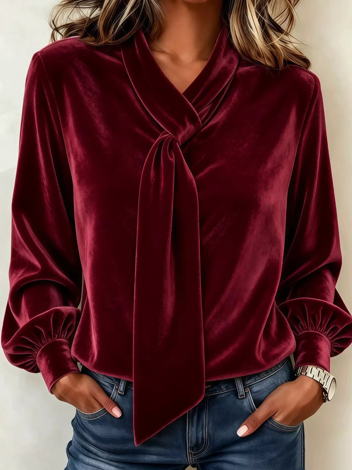 Full Size Velvet Tie-Neck Long Sleeve Blouse Plus Size