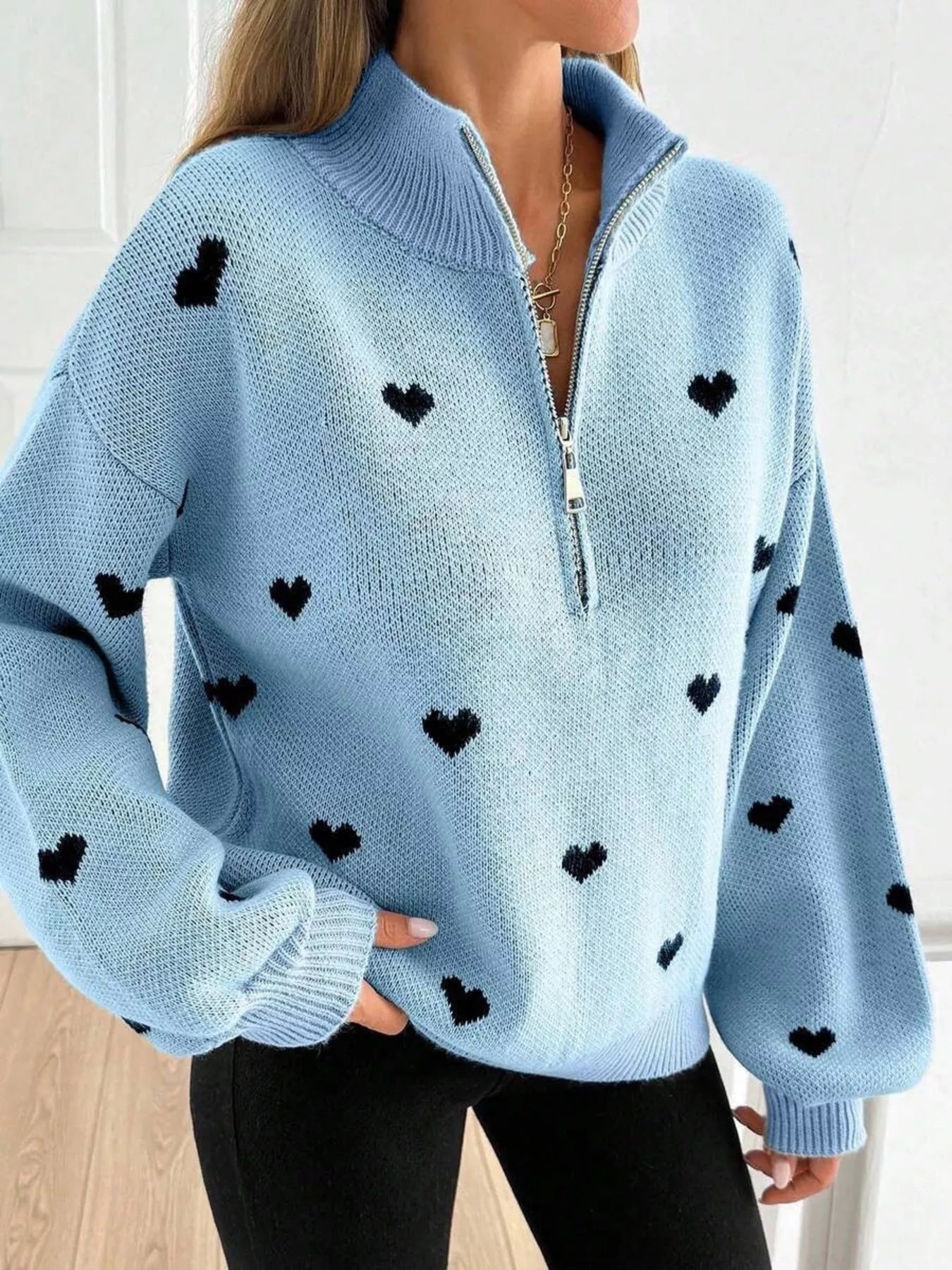 Full Size Heart Half-Zip Long Sleeve Sweater Plus Size