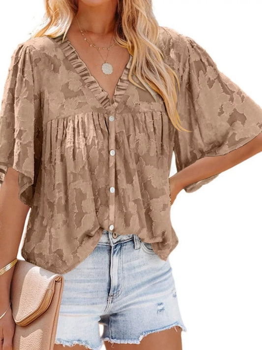 Full Size Textured V-Neck Button-Down Shirt Plus Size