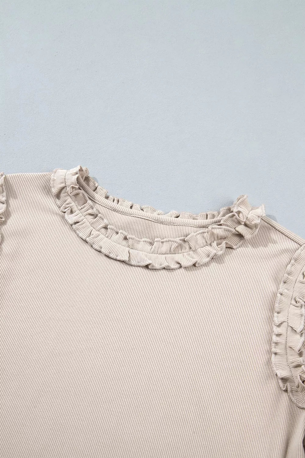 Solid Color Round Neck Frill Detail Long Sleeve Top