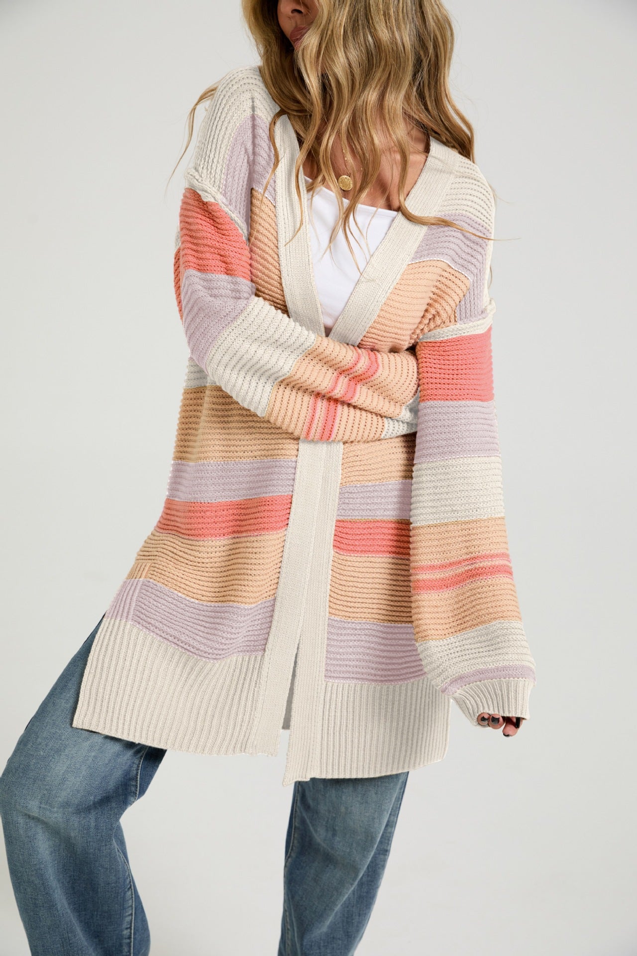 Women's Color-Block Striped Knit Cardigan Coat