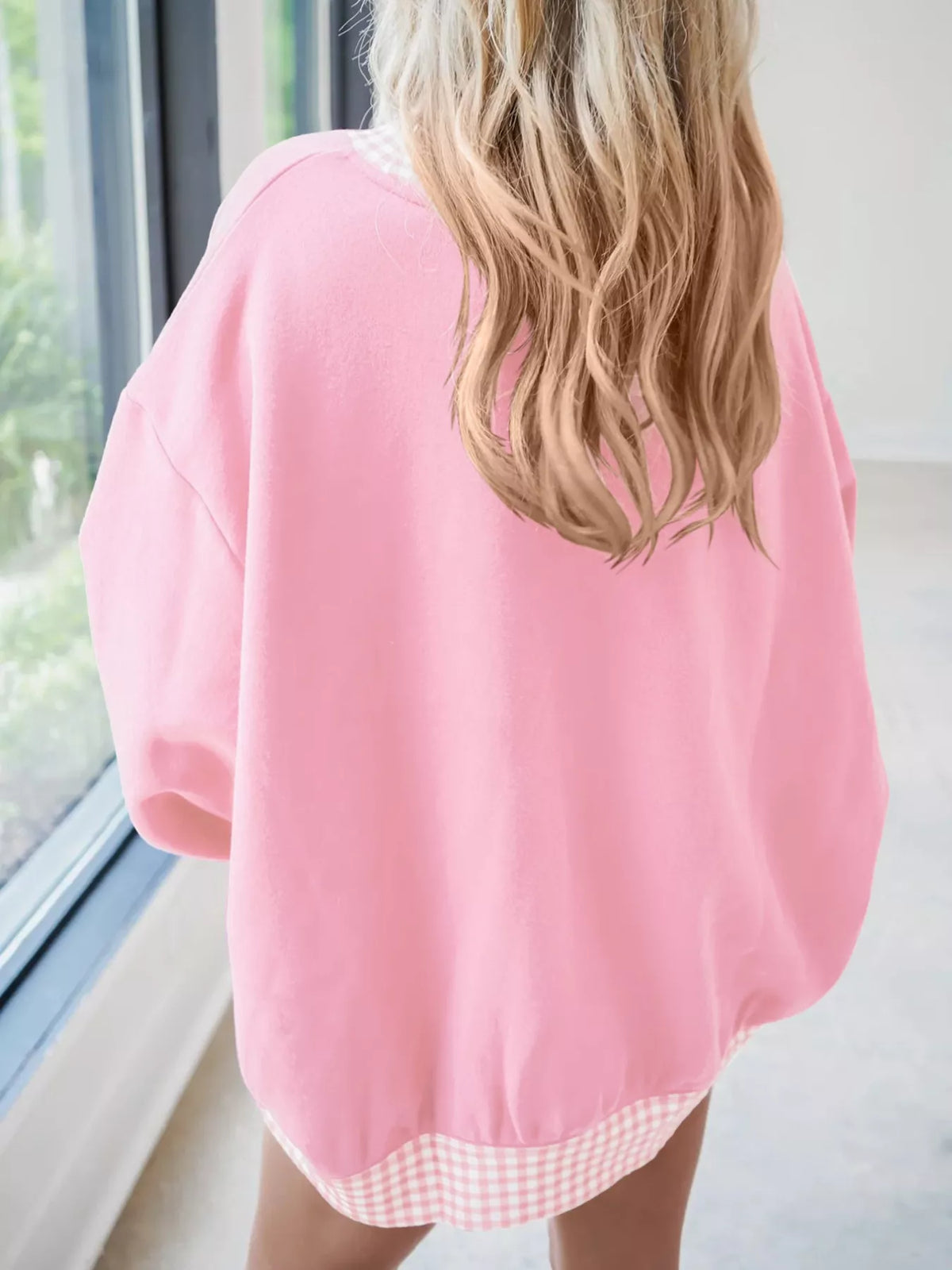 Gingham Trim Dropped Shoulder Sweatshirt