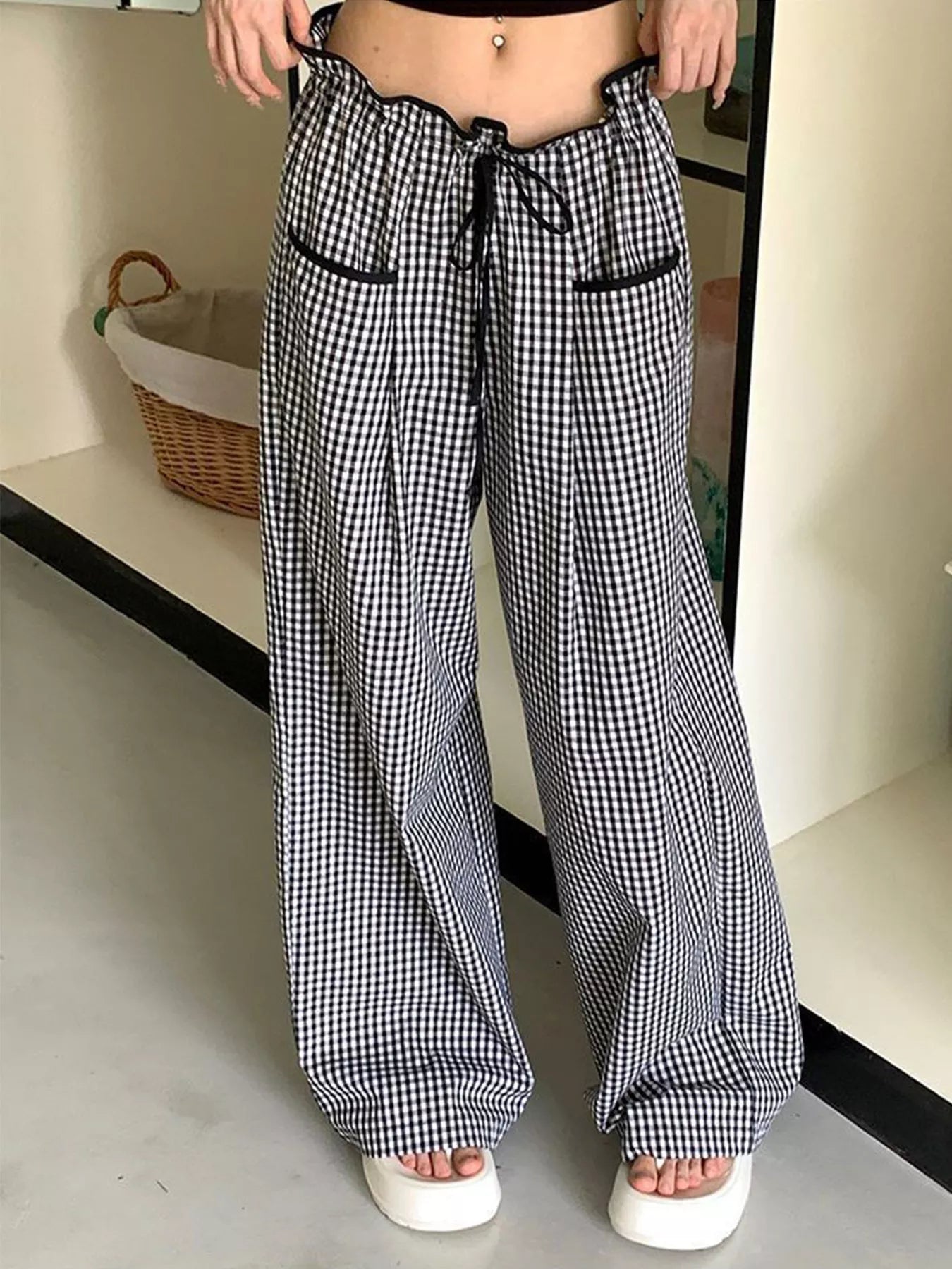 Gingham High-Waisted Wide-Leg Pants