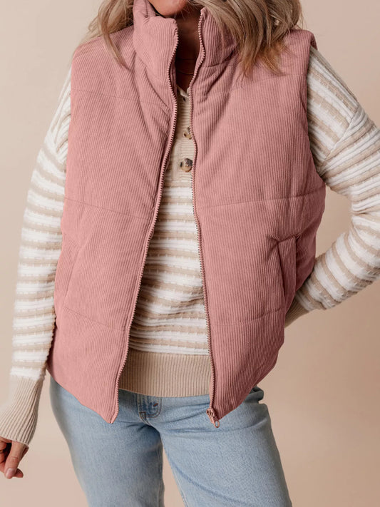 Corduroy Stand Neck Zipped Puffer Vest