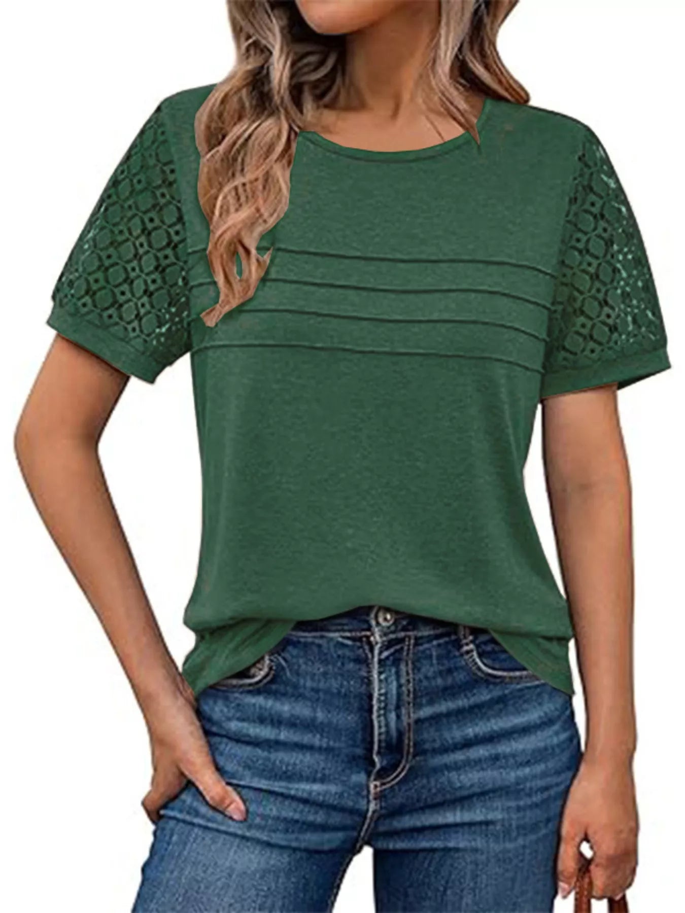 Lace Short Sleeve Round Neck T-Shirt