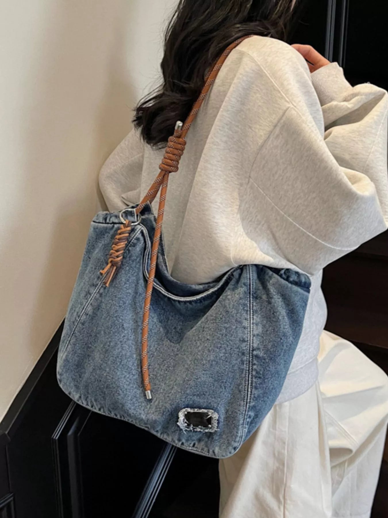 Denim Hobo Tote Bag with Rope Strap