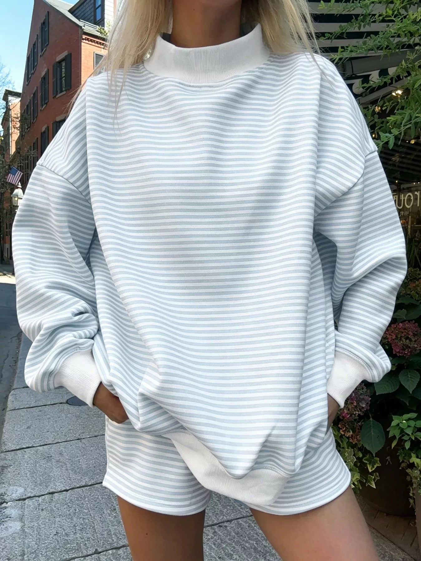 Striped Mock Neck Sweatshirt and Shorts Set