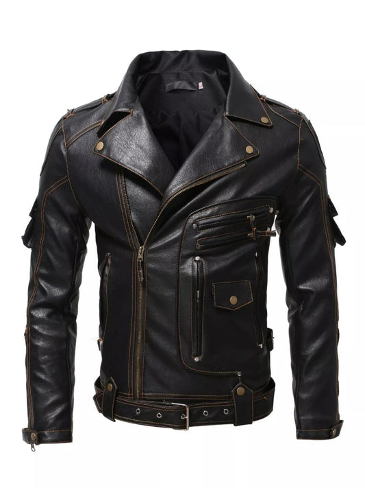 Men's Full Size Faux Leather Motorcycle Jacket Plus Size