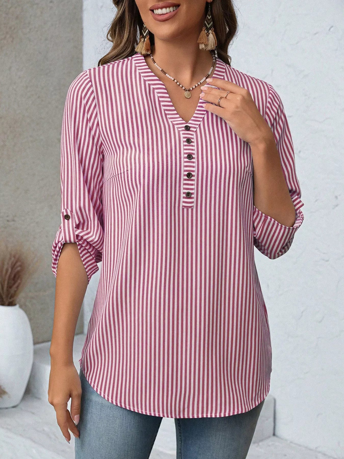 Striped V-Neck Roll-Up Sleeve Blouse