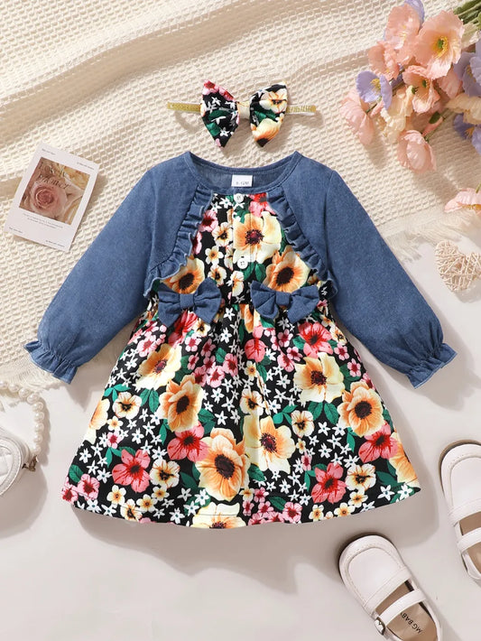 Children's Ruffled Bow Contrast Floral Dress with Headband