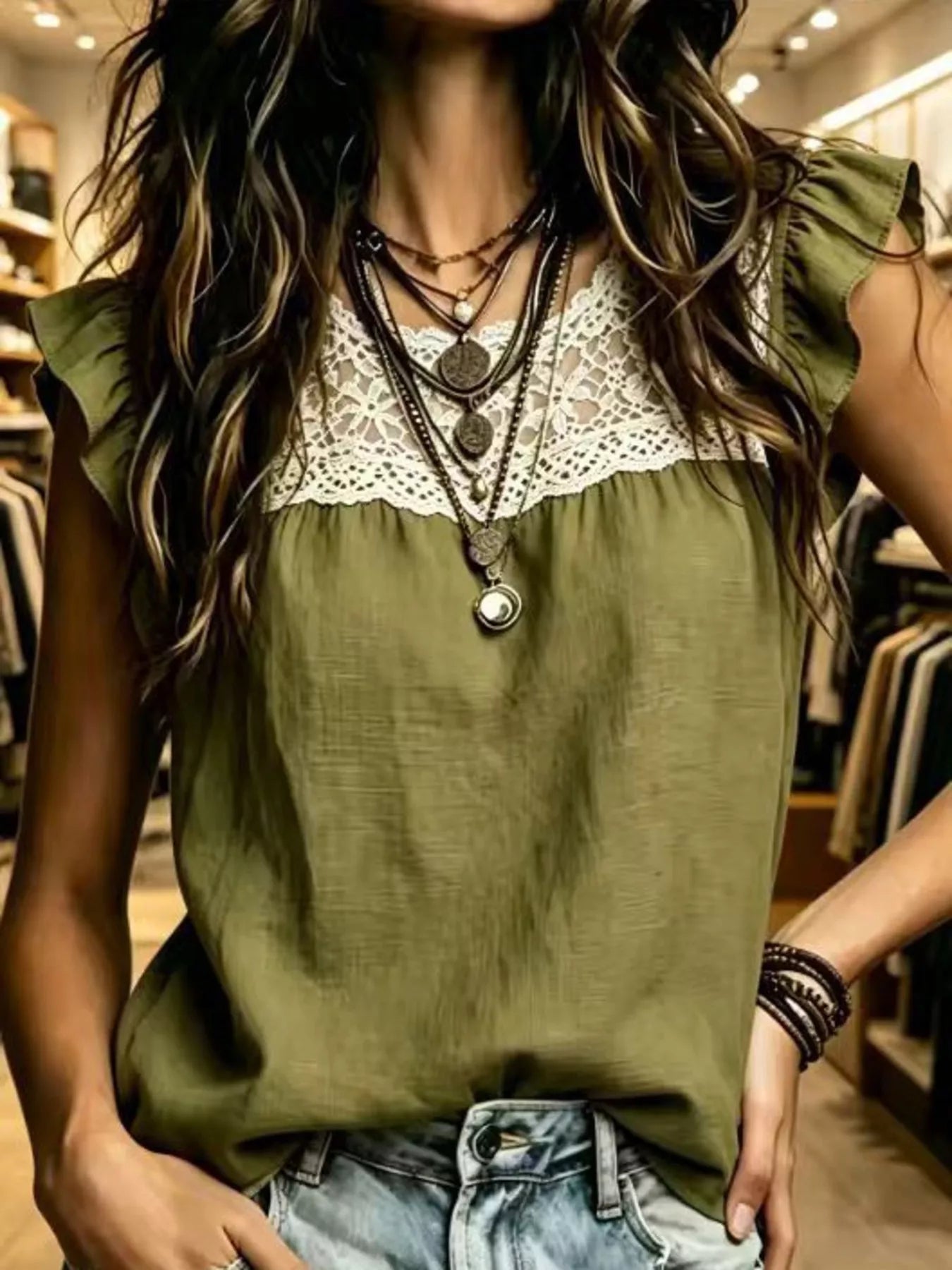 Full Size Lace Trim Ruffle Sleeve Blouse Plus Size