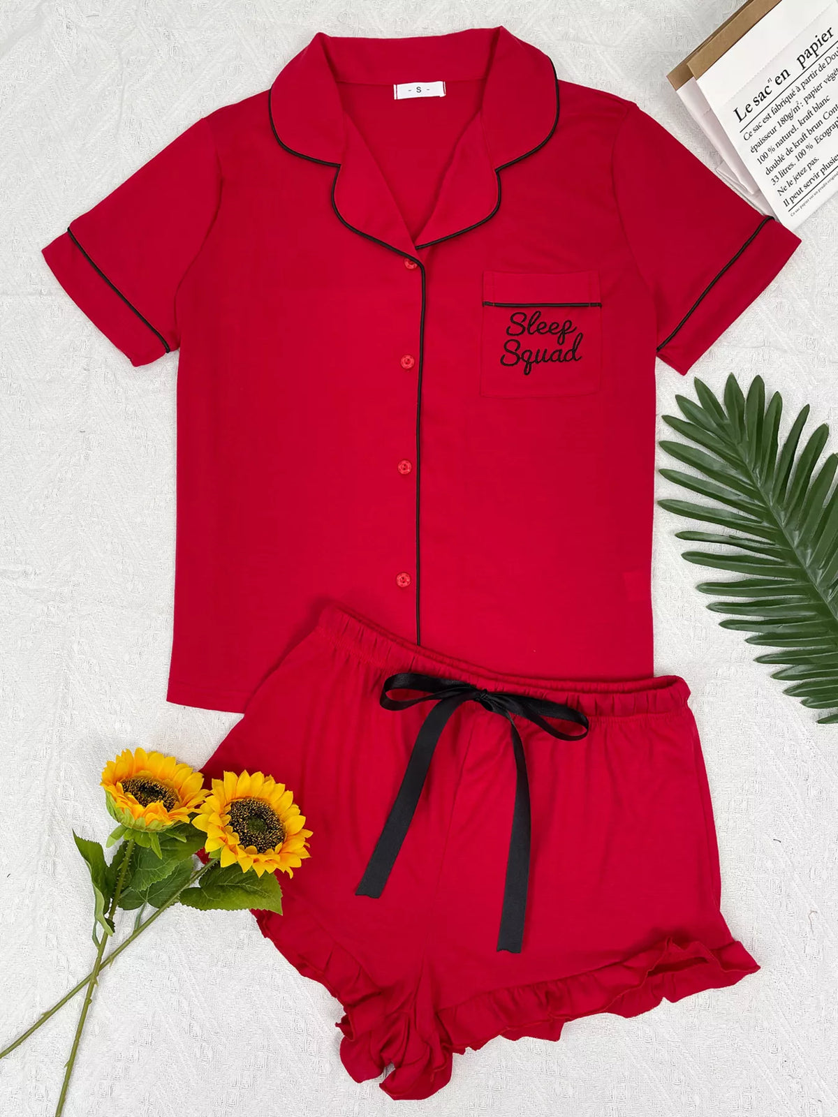 Contrast Piping Button-Down Shirt and Ruffle Shorts Lounge Set