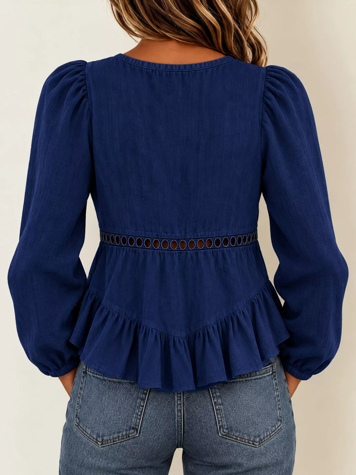 Long Sleeve Blouse with Eyelet Lace Trim and Ruffled Hem