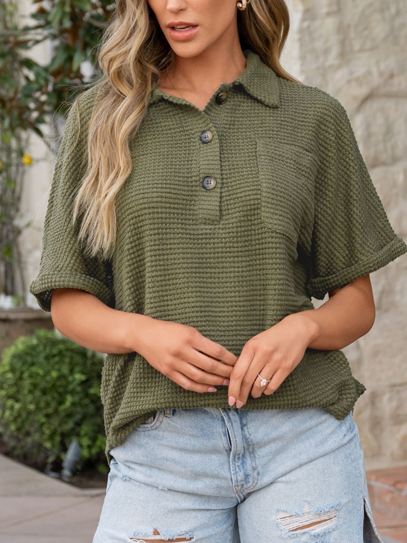 Textured Knit Button Detail Top